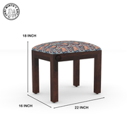 Wooden stool with patterned cushion and dimensions on a white background - Walnut