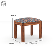 Wooden stool with patterned cushion and dimensions on a white background - Honey
